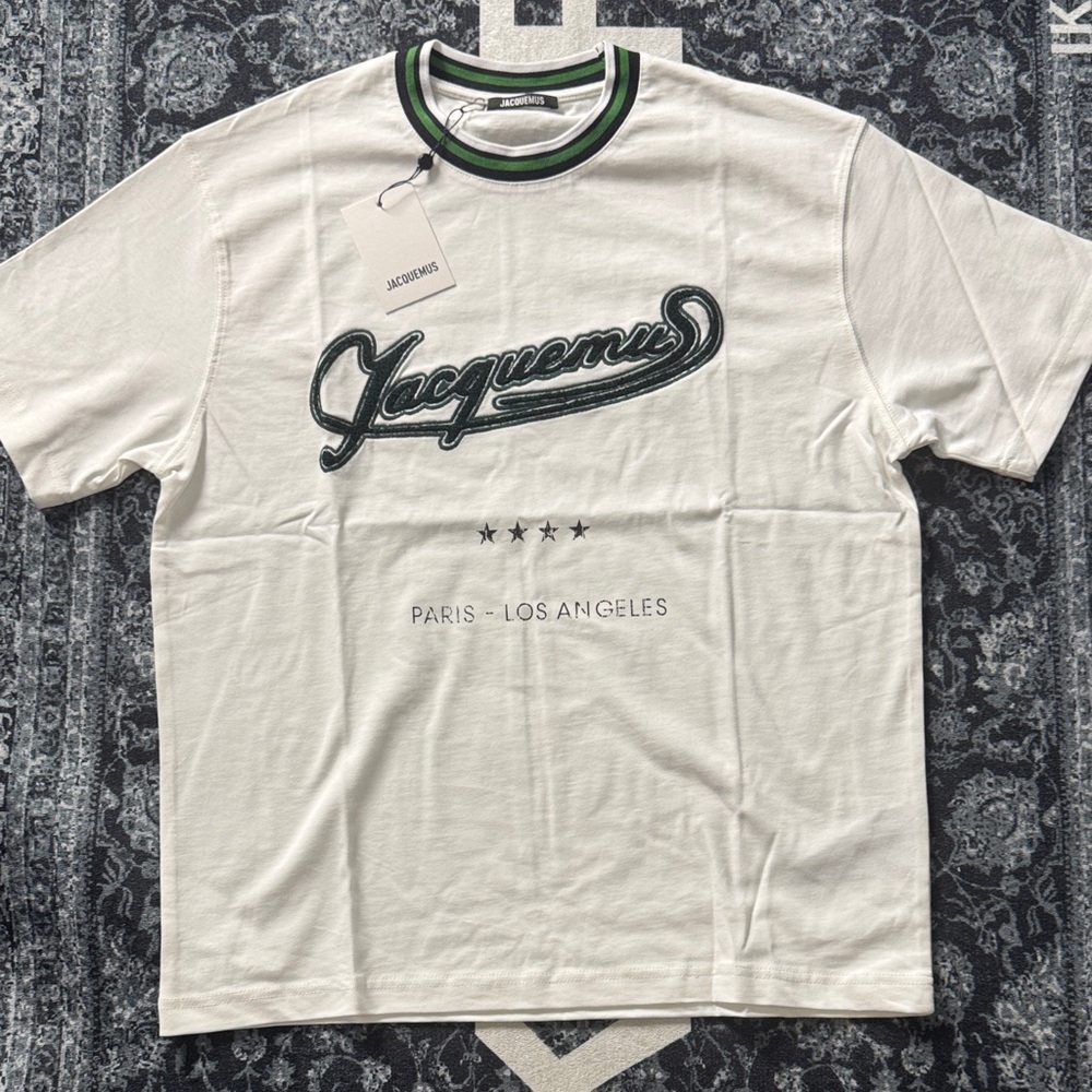 Jacquemus White Crew T-Shirt with Green Trim and Script Logo